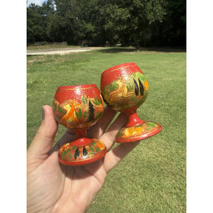 Vintage Kashmiri Papier-Mâché Boiled Egg Holder Cups Woodland Deer Hand painted